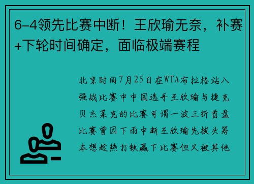 6-4领先比赛中断!王欣瑜无奈,补赛+下轮时间确定,面临极端赛程 6-4领先比赛中断!王欣瑜无奈,补赛+下轮时间确定,面临极端赛程