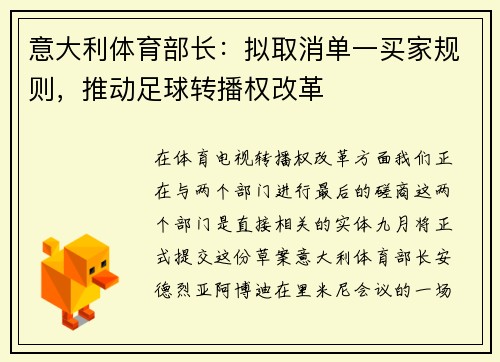 意大利体育部长:拟取消单一买家规则,推动足球转播权改革 意大利体育部长:拟取消单一买家规则,推动足球转播权改革